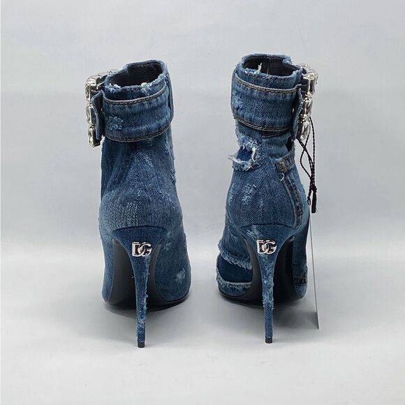 DOLCE & GABBANA Patchwork denim ankle boots with rhinestone buckle - Picture 7 of 16